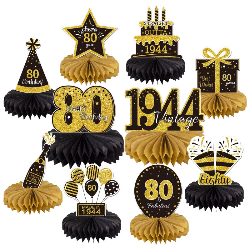 Gexolenu 10PCS 80th Birthday Decorations Centerpieces for Table Decorations, 2024 Vintage 1944 Honeycomb Table Topper Back in 1944 Birthday Party Decoration for Men and Women (Gold & Black, 80 Years) - Image 1